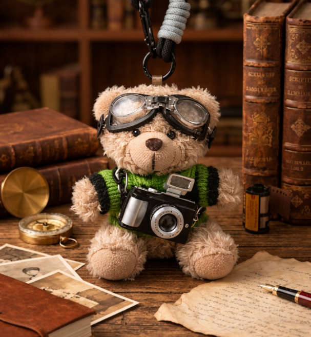 [두두스토어] 곰돌이 사진작가 키링, 1개, 그린줄무늬