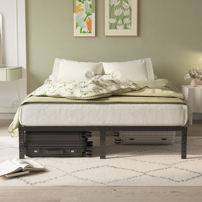 미니멀 빈티지 철제 저상 침대 30cm 높이 150cm 폭 더블 사이즈 무소음 안전 침대 밑 대형 수납공간 원룸 고시원 다용도, 흑색