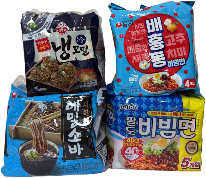 (장우)팔도 비빔면5입+농심 배홍동 비빔면4입+농심 메밀소바5입+오뚜기 냉모밀4입, 18개