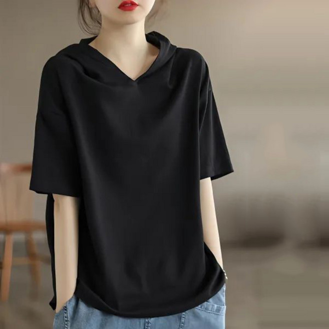 라부라카 여름 중년여성 후드 반팔 티셔츠 빅사이즈 캐주얼 순면 후드티 루즈핏 상의 30 50대 기질 심플 무지 반팔 여자상의