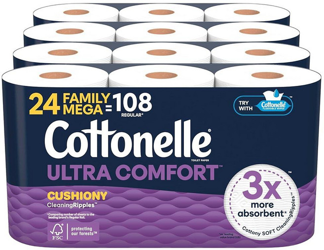 Cottonelle 울트라 컴포트 화장지 쿠션 클리닝 리플 텍스처 패밀리 메가 롤 32개 = 레귤러 144개(4개 8팩)