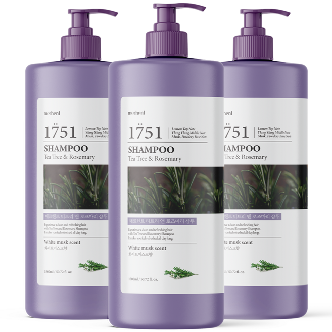 1+1+1 메르헨트 티트리 로즈마리 대용량 샴푸 1.5L 화이트머스크향 약산성 퍼퓸 향기좋은 청소년 미용실 지성 건성 두피, 3개