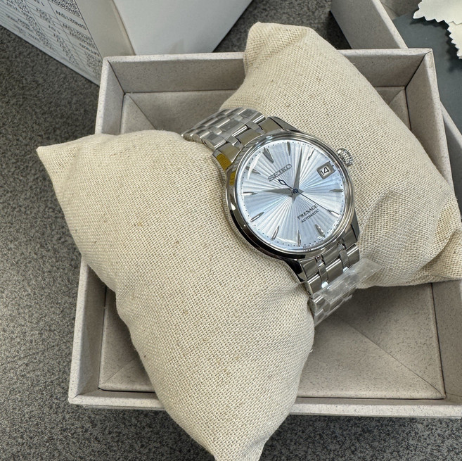 [Seiko] 세이코 프레사지 칵테일 타임 오토매틱 블루 다이얼 스틸 여성용 시계 SRP841 34mm