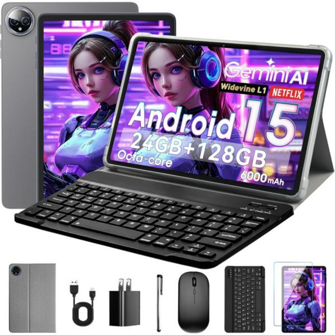 10인치 태블릿 안드로이드 15 24GB 램 + 128GB 저장공간 (1TB 확장 가능) 옥타코어 1280x800 IPS HD 터치스크린 5MP+8MP 듀얼 카메라 6000mA, 10인치 태블릿 안드로이드 15 24GB 램 + 128