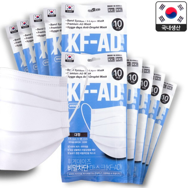 국내산 휘게데이즈 비말차단마스크 KF-AD 대형 100매, 100매입+마술패치2매