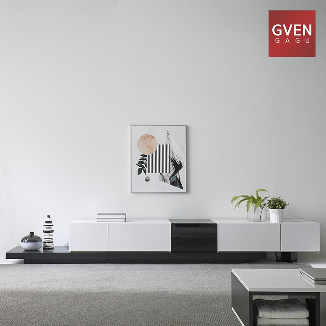GVEN 지벤 뉴 노르마니 콘센트 유리도어 거실장 GL, 블랙, 화이트월넛