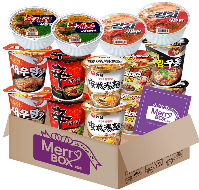 소컵라면14개세트(신라면2+안성탕면2+새우탕2+튀김우동2+짜파게티2+육개장사발면2+김치사발면2)+메세지카드, 1박스