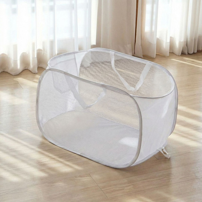 이지유 접이식 메쉬 빨래 바구니 원터치 세탁 보관 햄퍼, 화이트