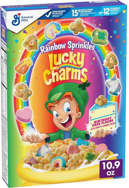 Lucky Charms Rainbow Sprinkles 마시멜로 시리얼 생일 케이크 맛 통곡물로 만든 아동용 아침 시리얼 309g(10.9온스), 309g, 1개