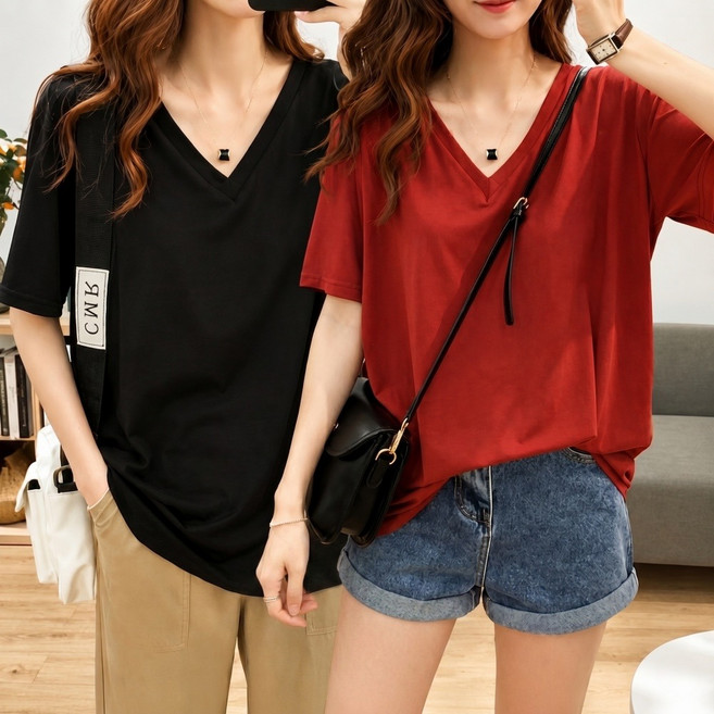 오스틱니 (완전 편한) 150kg까지 빅사이즈 1+1 여성 브이넥 솔리드 일자 티셔츠 반팔 여름 원단좋은 루즈핏 오버핏 날씬해보이는 심플 데일리 패션 기본티 미디티 면 박스티 티