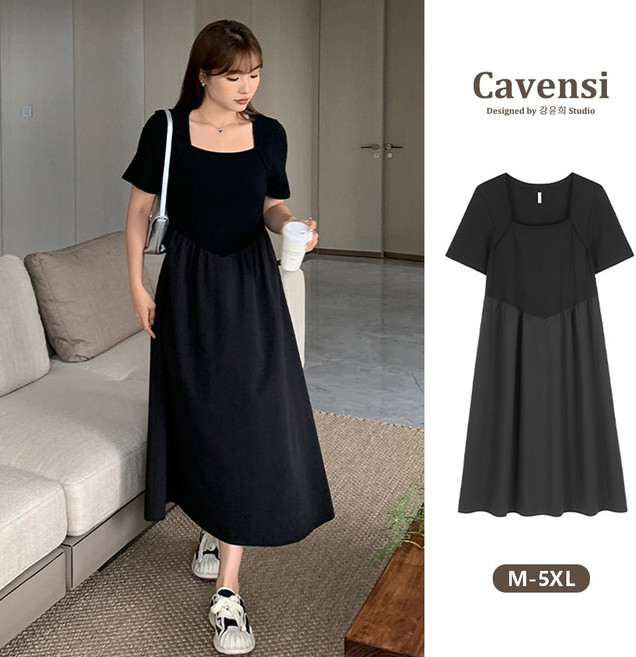 Cavensi 黑色短袖方領長洋裝, 顯瘦黑色,L（建議50-60公斤 ）