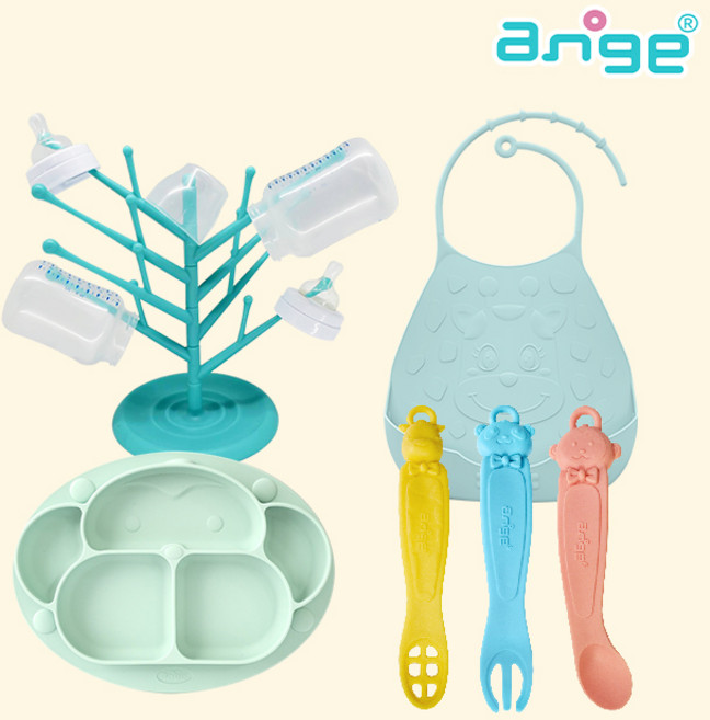 앙쥬 몽키식판 + 스푼&포크 + 깔끔턱받이 + 블륨젖병건조대 세트, 몽키식판(민트)+스푼&포크+턱받이(민트)+블륨(민트), 1개