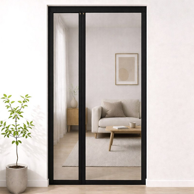 ROYAI ONE 안 찢어지는 일체형 통자석 현관 방충망 비대칭 현관문 모기장 미세 방충망, 검정