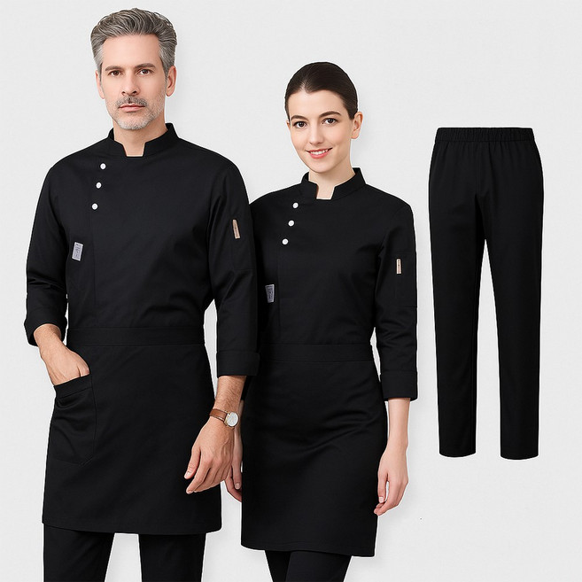 남여공용 조리복 2종세트 스냅단추 긴팔 상의 + 스판 조리 바지 상하의세트