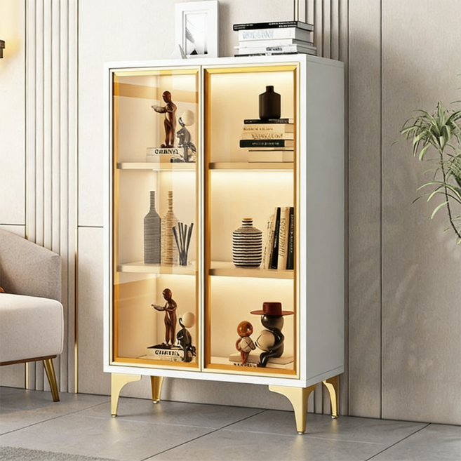 강화유리장식장 단 유리 장식장 피규어 진열장 거실장 3단 60X35X116cm, 화이트+금색유리