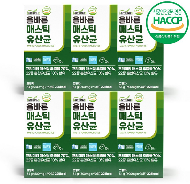 올바른 매스틱 유산균 식약청인증 HACCP 대용량 장건강 위건강 매스틱검 그리스 키오스섬 양배추 브로콜리 혼합유산균, 6세트, 54g