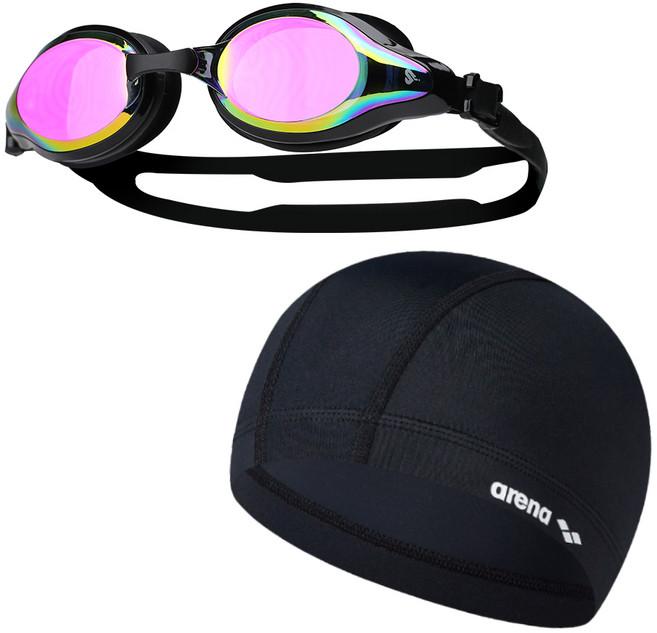 수영사랑 미러 수경 SLGG-01 + 아레나 스판 수모 A2AC1AS01 수영용품세트 물안경/수영모자, 수경 블랙퍼플+아레나 스판수모 블랙, 1세트