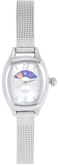 Peugeot 여성용 슬림 메시 장식 썬 문 페이즈 빈티지 드레스 시계 날짜 포함 실버 컨템포러리