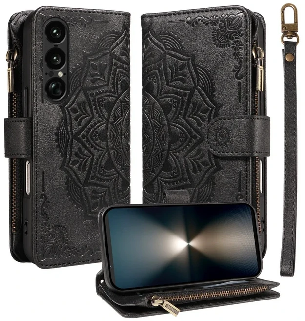 소니 엑스페리아 1 VIII 10 5 V III용 가죽 지퍼 지갑형 손목 스트랩 폰 케이스패턴 카드 홀더 커버, 02 Sony Xperia 10 VI, 02 Black