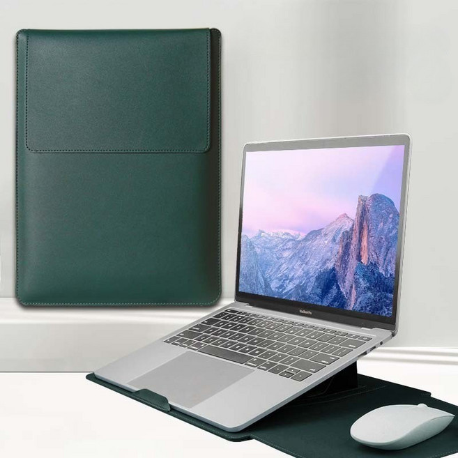 에잇원 높이조절 거치대 겸 가죽 노트북 파우치, 다크그린