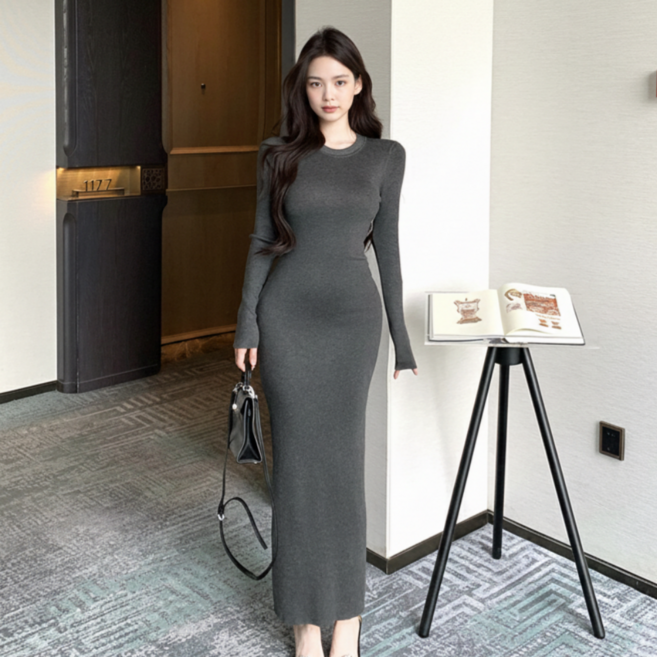유니크코코 슬림핏 긴팔 니트 롱 원피스 op5592