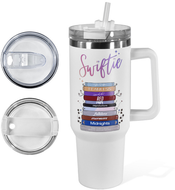 FECBK 손잡이 차량용 스트로우 스테인리스 스틸 텀블러 + 뚜껑 2개입, 1개, 화이트, 1200ml