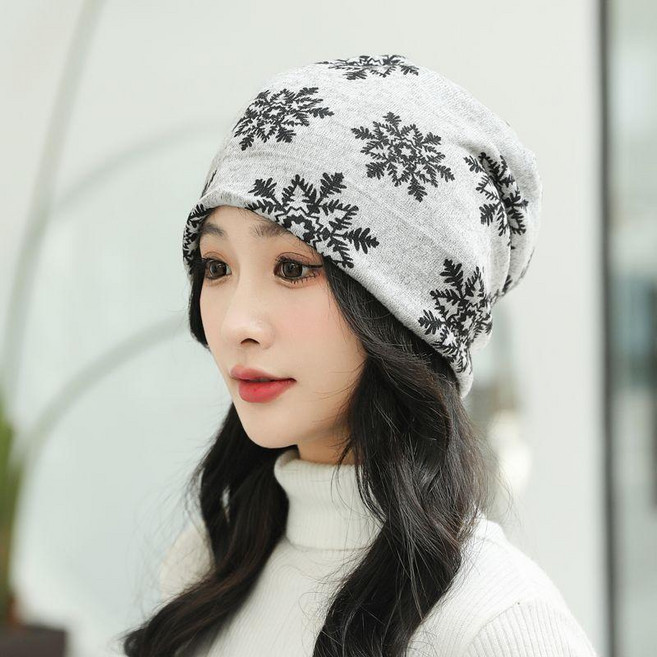 秋冬保暖頭巾包頭帽脖套護耳圍脖, 灰色雪花, 1個