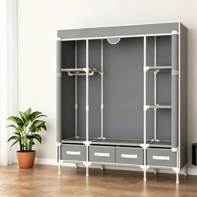 簡易布衣櫃 帶抽屜防塵衣櫥, 淺灰色 長90*45*170 送3個抽屜