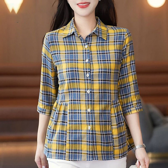 순면 간절기 체크셔츠 여성 7부 소매 봄여름 가을 날씬해 보이는 편안한 데일리룩 베이직 심플 남방