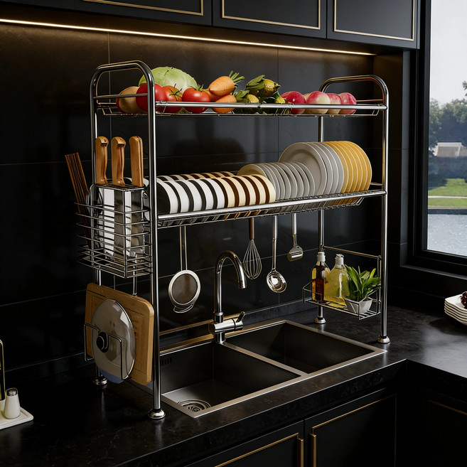 심플에이치 올스텐 식기건조대 녹슬지않는 주방 싱크대선반 자동배수 설거지정리대 올인원, 1개, 80cm, 2단