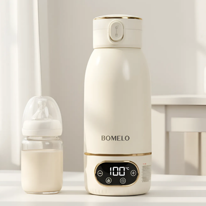보멜로 무선 100도 살균 아기 여행용 SUS316L 스테인리스 휴대용 분유포트, 크림색