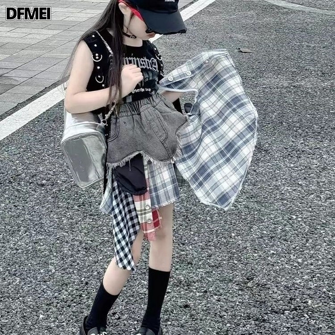 DFMEI 女童炸街夏季套裝洋氣女孩流背心街舞表演不規則裙兩件