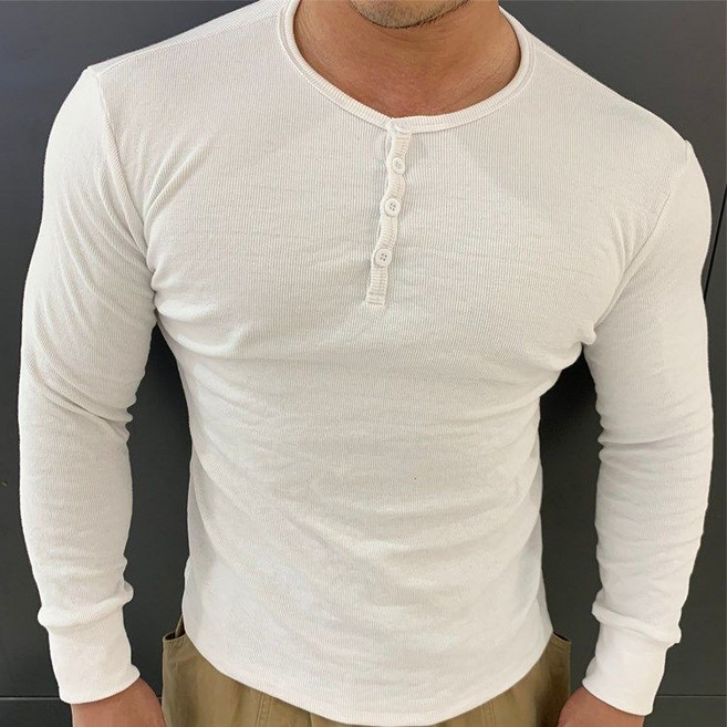 亨利T賉 長袖 修身長袖 粗螺紋修身彈力亨利衫運動健身顯大T恤男秋彈力百搭長袖