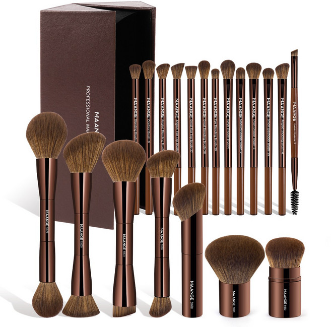 MAANGE 더블 헤드 메이크업 브러시 및 파운데이션 브러시 블러셔 브러시 및 아이섀도 브러시 20피스 세트, 1개, Brown--FT