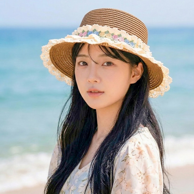 VITALO 여성 플라워 레이스 밀짚모자 휴양지모자 바캉스모자 버킷햇