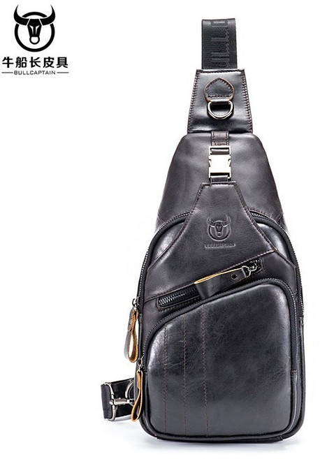 牛船長BULLCAPTAIN 男士頭層牛皮胸包 歐美復古真皮斜背包 黑色小號