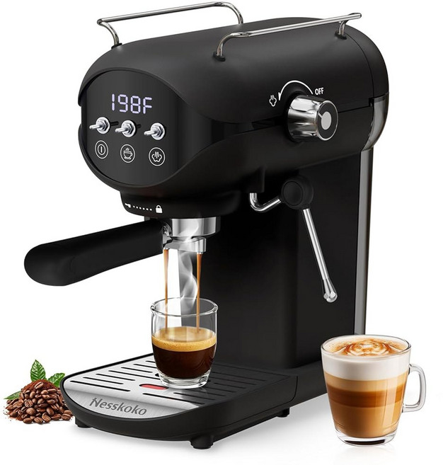 네스코코 에스프레소 머신 스팀 밀크 프로더 반자동 20바 콤팩트 화이트 토글 스위치 포함 가정용 카페테리아 에스프레소 라떼 카푸치노 아메리카노 마키아토, Black, Toggle Switch