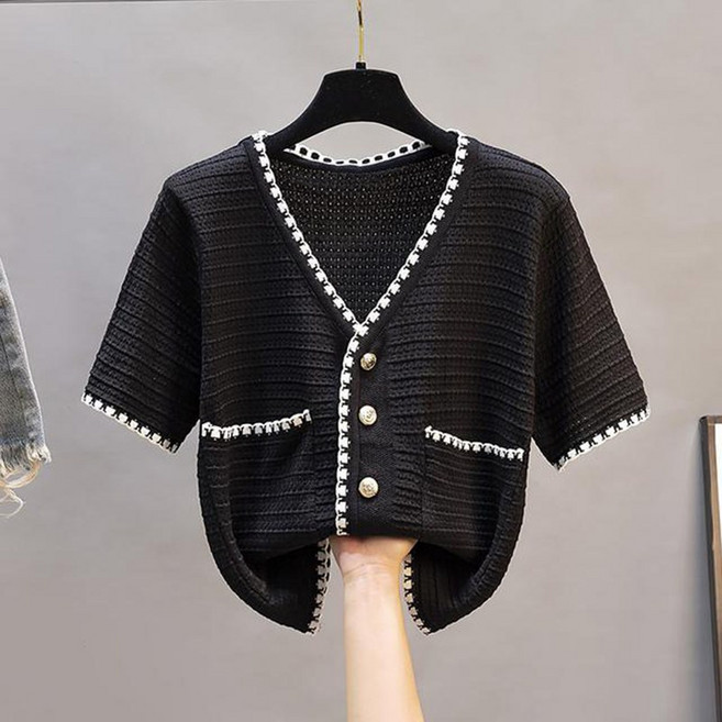 여성용 트위드 반팔 코트 봄 여름 빅사이즈 패션 가디건 브이넥 냉장고 니트 기질 재킷 여자 슬림핏 상의