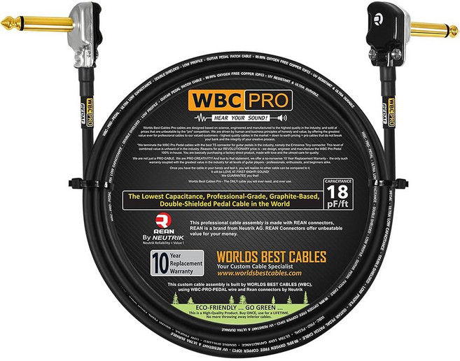 1.8m(6피트) - WBC-PRO 페달 - 22 AWG - 로우 캡 (18pF/ft) - 프로 등급 - 흑연 기반 - 이중 차폐 페달 이펙트 패치 Neutrik-Rean, 1.8m(6피트) - WBC-PRO 페달 - 22 AW