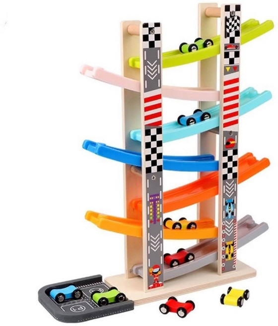 兒童木製滑道車玩具 多層軌道滑行小汽車 益智趣味玩具, 多色, 1個