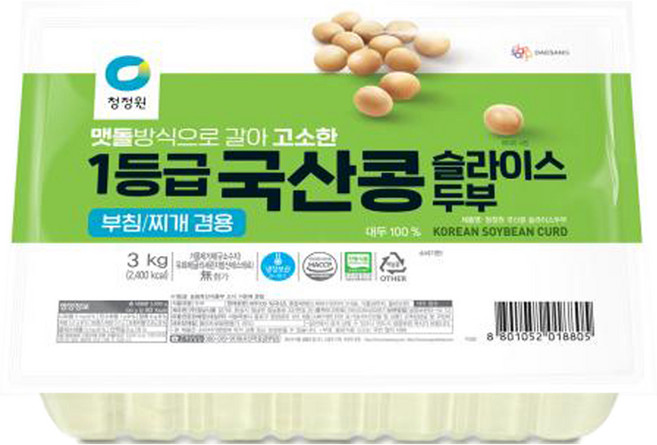 청정원 국산콩 슬라이스 두부 찌개 부침 겸용, 1개, 3kg