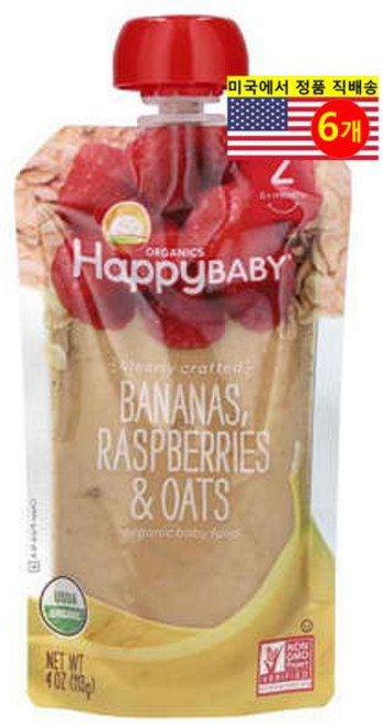 해피베이비 클리어리 크래프티드 어린이 스무디 113g, 6개, 바나나 + 라즈베리 + 오트 혼합맛