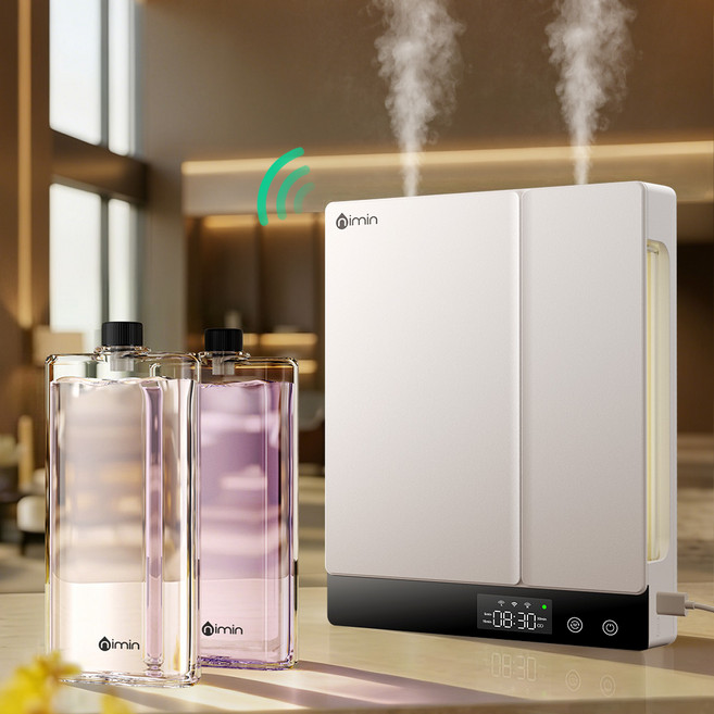 nimin 자동분사 전자디퓨저 스마트디퓨저 실내방향제 WiFi Bluetooth Mi Home 앱 연동 디지털디스플레이 듀얼분사 벽걸이형 유선형 대용량 인테리어디퓨저 호텔디퓨저, 1개, 230ml, 딥 포레스트 × 1 + 라벤더 필드 × 1(기계 포함)