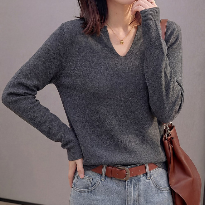 SOSISI 울 혼방 여성 니트 브이넥 얇은 니트 이너 티셔츠 탑 풀오버 45415