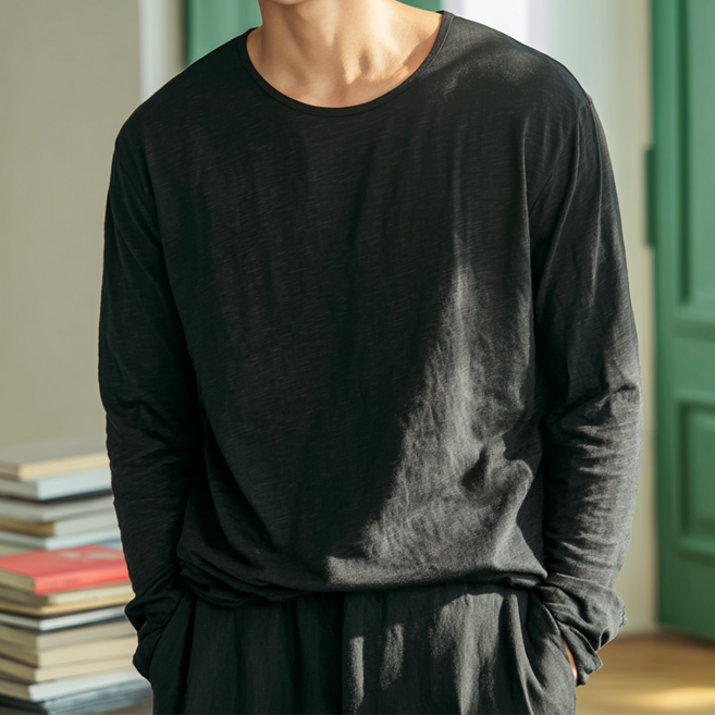 편옷사 남자 여름 무지 U넥 슬라브 오버핏 긴팔티셔츠