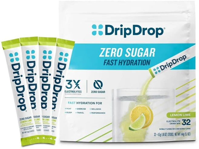 DripDrop 무설탕 하이드레이션 패킷 - 레몬 라임 제로 - 1인용 전해질 파우더 드링크 믹스 - GMO 프리 글루텐 프리 비건 - 스틱 32개, 4.5g - 쿠팡