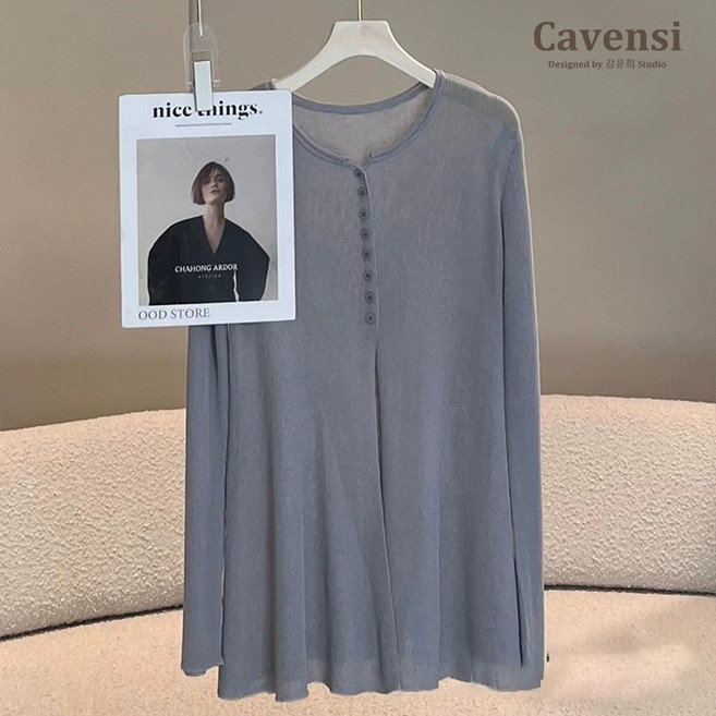 Cavensi 罩衫 韓系溫柔感透透長袖針織外罩衫 防曬罩衫, 氣質灰藍,小碼1XL（建議50~63公斤）