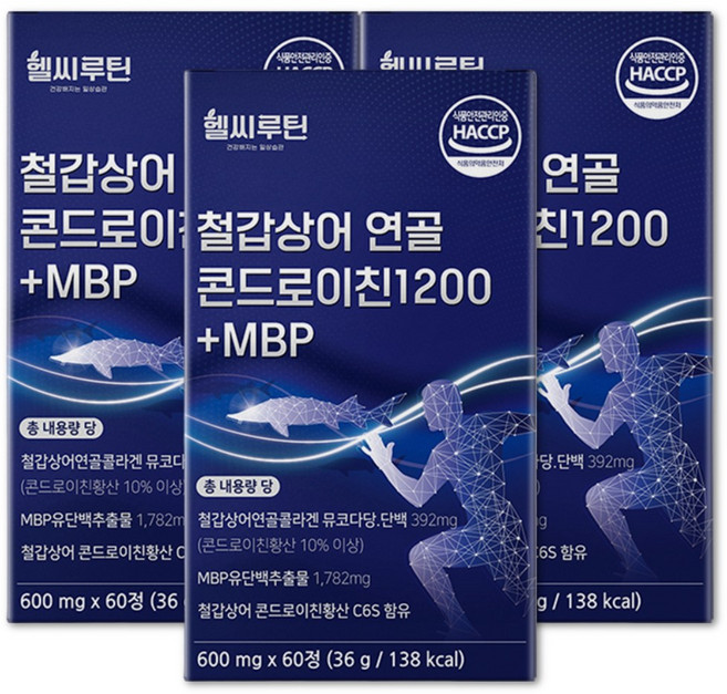 철갑상어 콘드로이친 1200 6형 식약청 인증 HACCP c6s 연골 뮤코다당 단백 엠비피 배합 헬씨루틴, 3박스, 60정