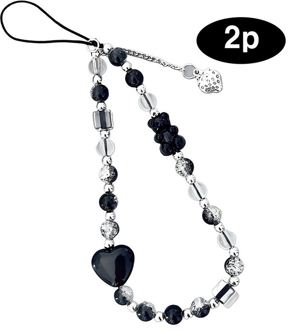 은꽃밴드 비즈 핸드폰 스트랩 폰 고리 베어 리본, 2개, 블랙베어