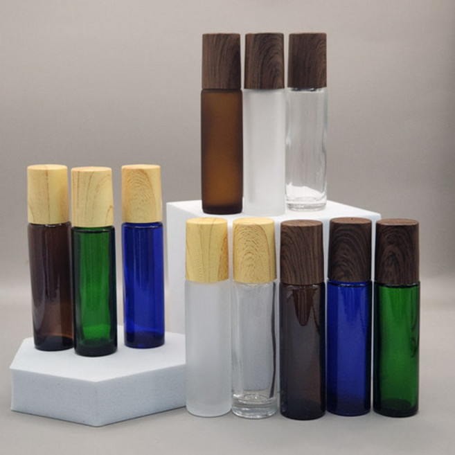 롤온 공병 10ml 갈색 유리 향수 오일 스틸 롤러볼 용기 휴대용 우드캡, 브라운, 블투명 브라운, 유리롤온